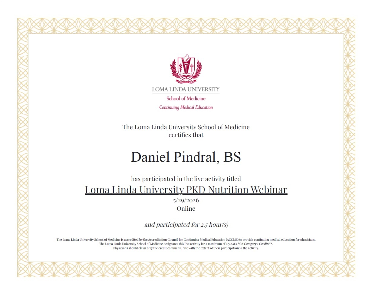 Certyfikat Loma Linda University dla Daniela Pindrala – Loma Linda Polycystic Kidney Disease Nutrition Webinar – maj 2026.